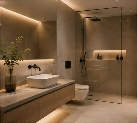 Baño reformado con ducha de obra, mampara de vidrio y mueble suspendido de madera