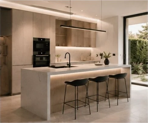 Cocina reformada con isla de piedra, frentes sin tirador y salida al exterior