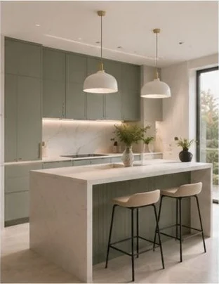 Cocina de madera oscura con isla central y horno integrado en columna